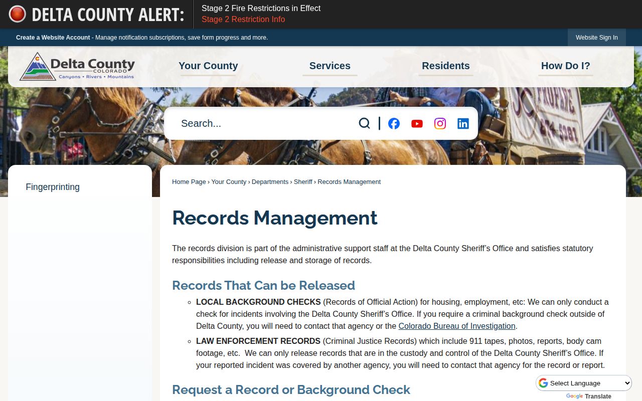 Delta County Sheriff booking record and photograph request procedure