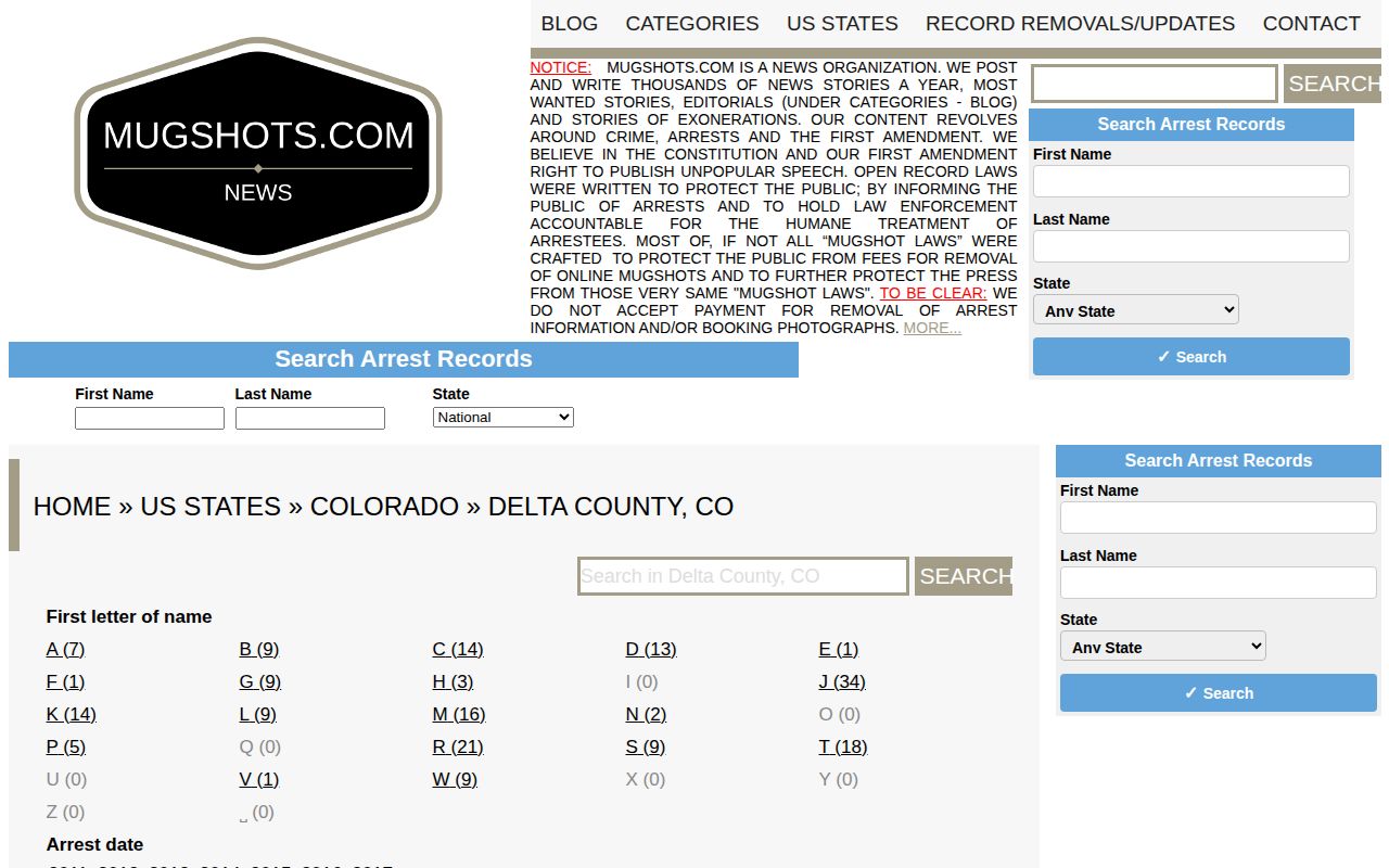 Unofficial stale Delta County mugshot archive record index