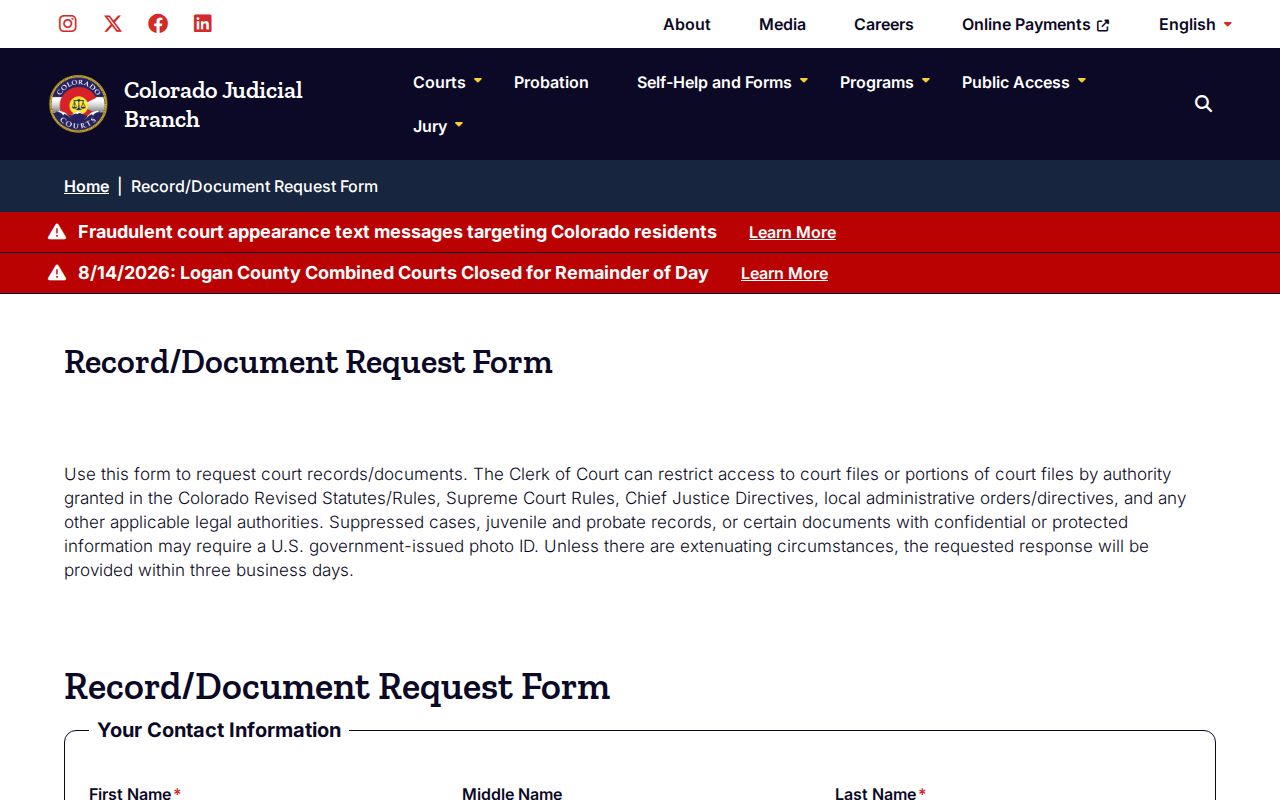 Delta County court record and disposition request interface